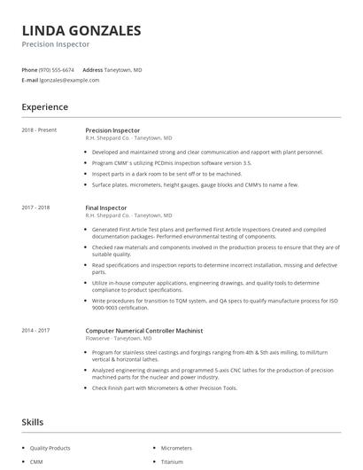 Precision Inspector Resume