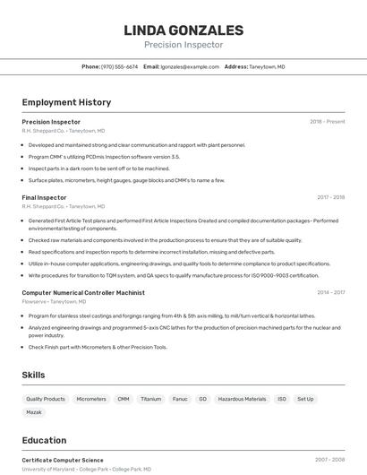 Precision Inspector Resume