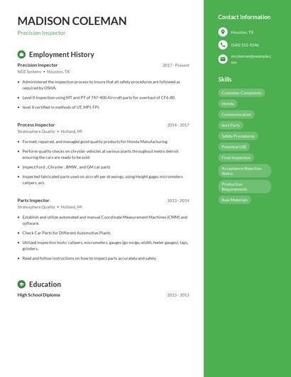Precision Inspector Resume