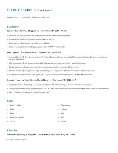 Precision Inspector Resume