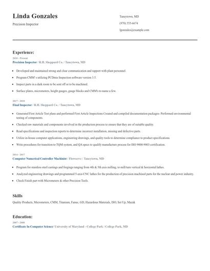 Precision Inspector Resume