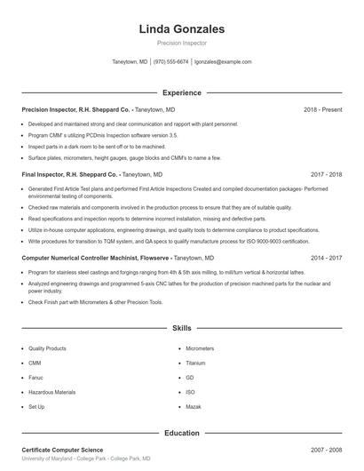 Precision Inspector Resume
