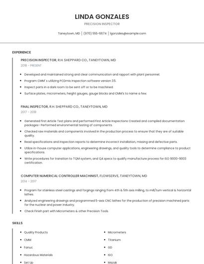 Precision Inspector Resume