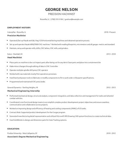 Precision Machinist Resume