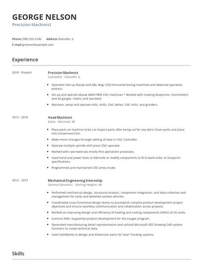 Precision Machinist Resume