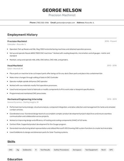 Precision Machinist Resume