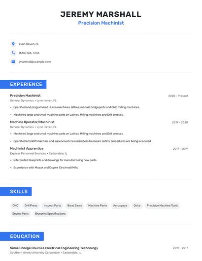 Precision Machinist Resume