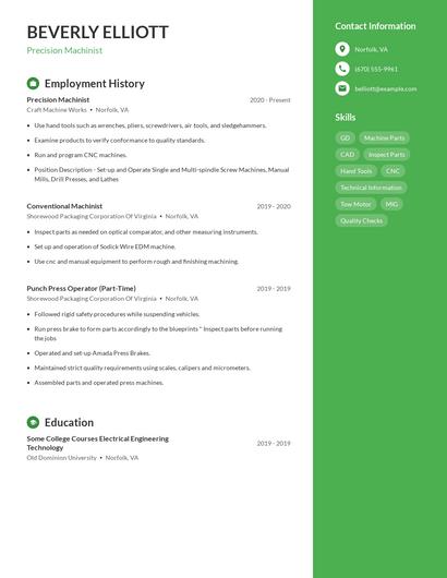 Precision Machinist Resume