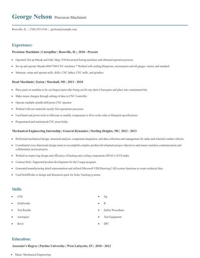 Precision Machinist Resume