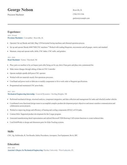 Precision Machinist Resume