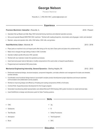 Precision Machinist Resume