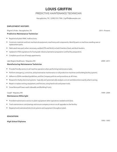 Predictive Maintenance Technician Resume