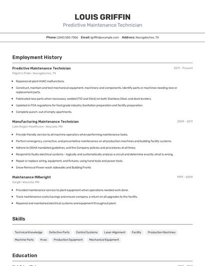 Predictive Maintenance Technician Resume