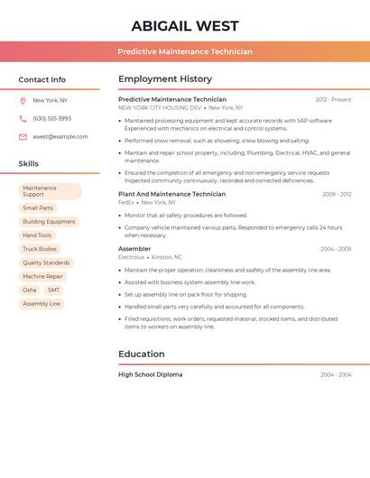 Predictive Maintenance Technician Resume
