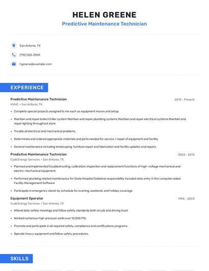 Predictive Maintenance Technician Resume