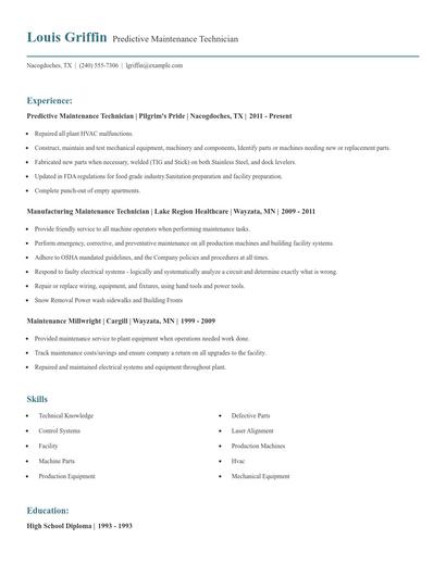Predictive Maintenance Technician Resume