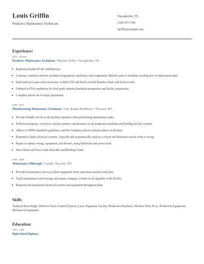Predictive Maintenance Technician Resume