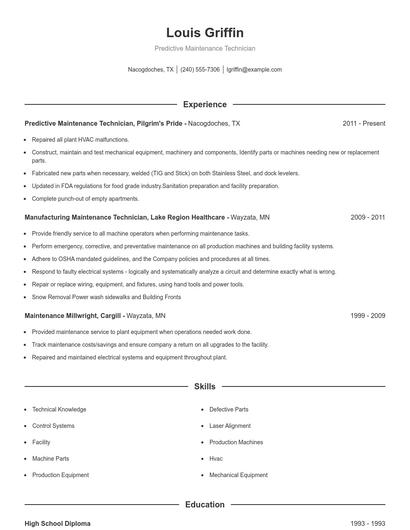 Predictive Maintenance Technician Resume