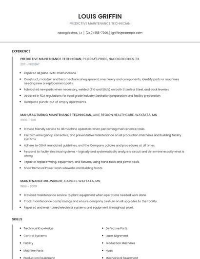 Predictive Maintenance Technician Resume