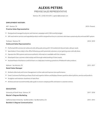 Premise Sales Representative Resume