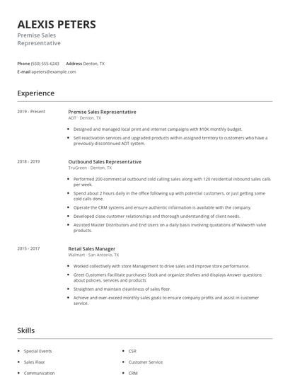Premise Sales Representative Resume