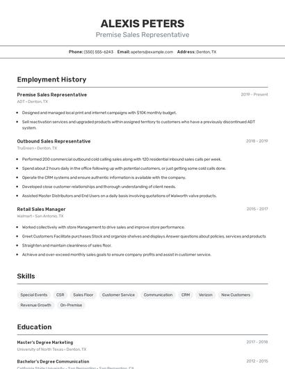 Premise Sales Representative Resume