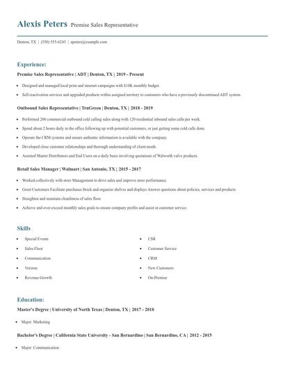 Premise Sales Representative Resume