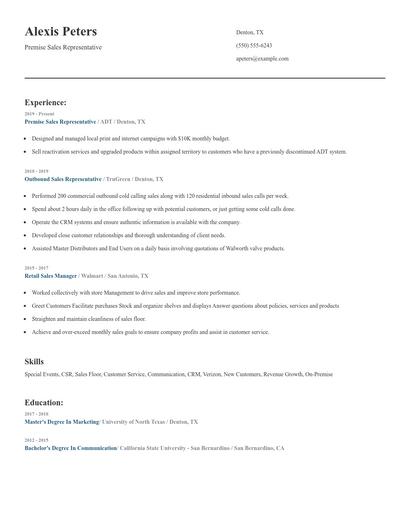 Premise Sales Representative Resume