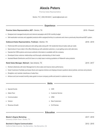 Premise Sales Representative Resume