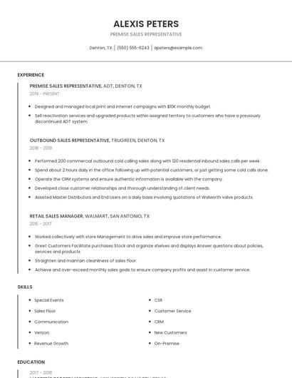 Premise Sales Representative Resume
