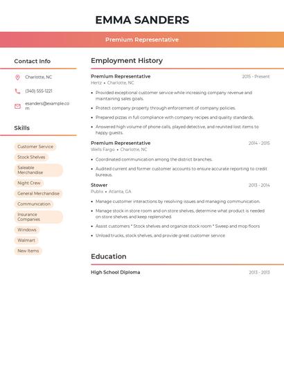Premium Representative Resume