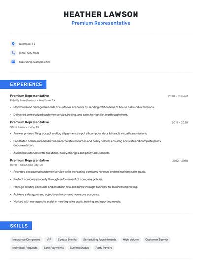 Premium Representative Resume