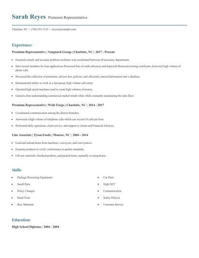 Premium Representative Resume