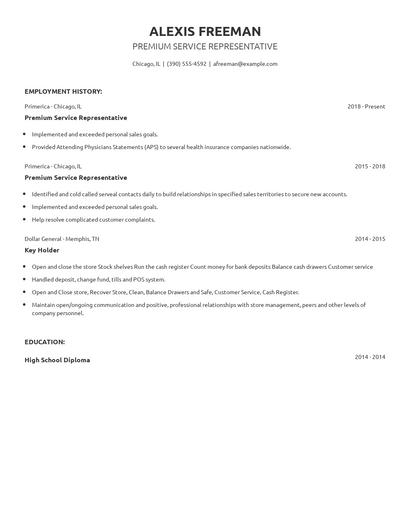 Premium Service Representative Resume