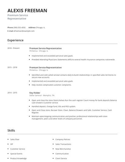 Premium Service Representative Resume
