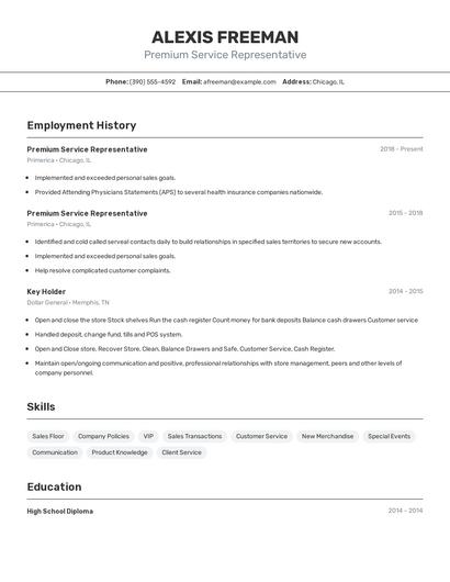 Premium Service Representative Resume