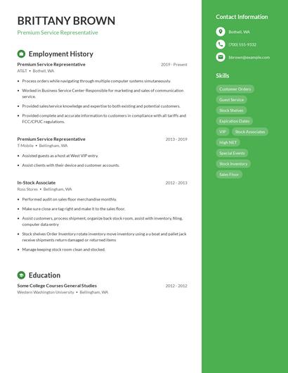 Premium Service Representative Resume