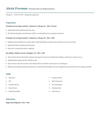 Premium Service Representative Resume
