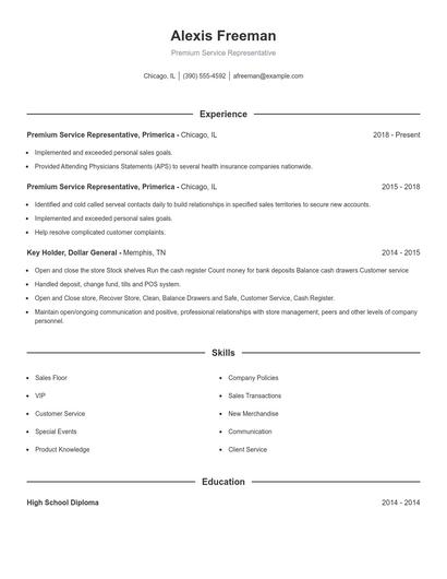 Premium Service Representative Resume