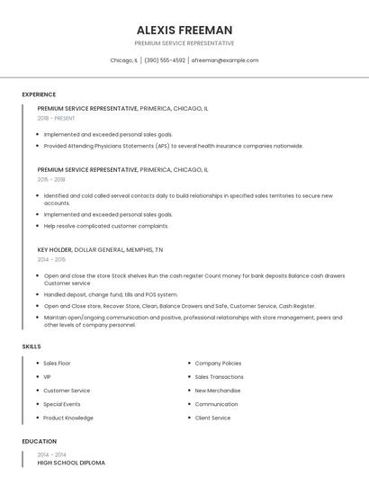 Premium Service Representative Resume