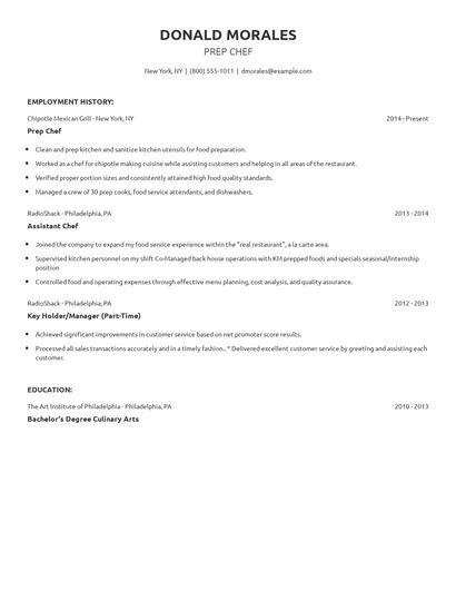 Prep Chef Resume