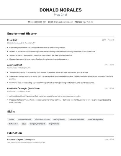Prep Chef Resume