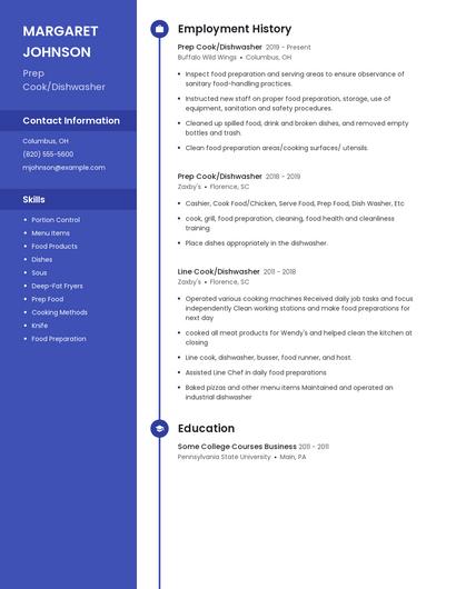 Prep Cook/Dishwasher Resume