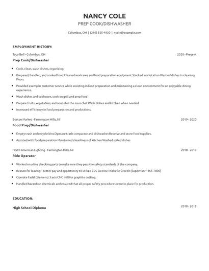 Prep Cook/Dishwasher Resume