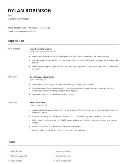 Prep Cook/Dishwasher Resume