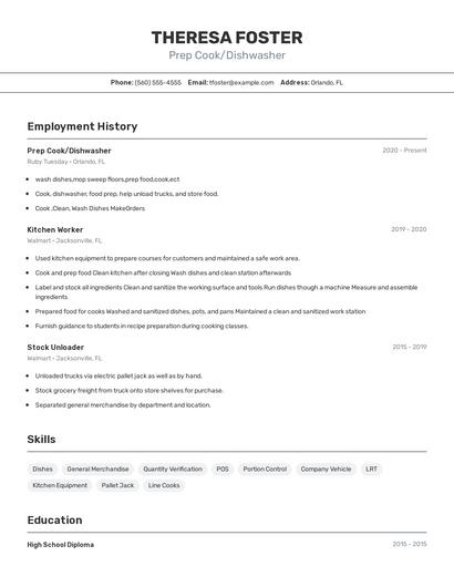 Prep Cook/Dishwasher Resume