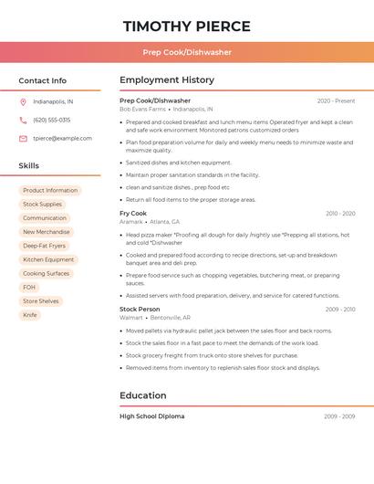 Prep Cook/Dishwasher Resume