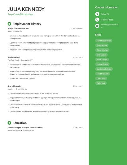 Prep Cook/Dishwasher Resume