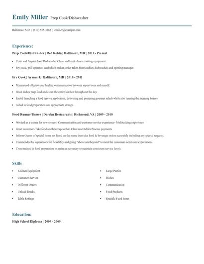 Prep Cook/Dishwasher Resume