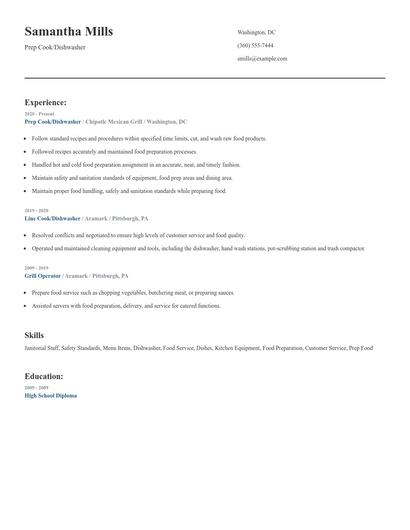 Prep Cook/Dishwasher Resume